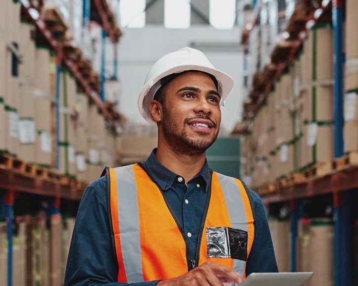 Businessman in warehouse using digital tablet