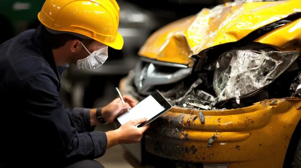 Workplace safety professional documenting a vehicle incident on-site.