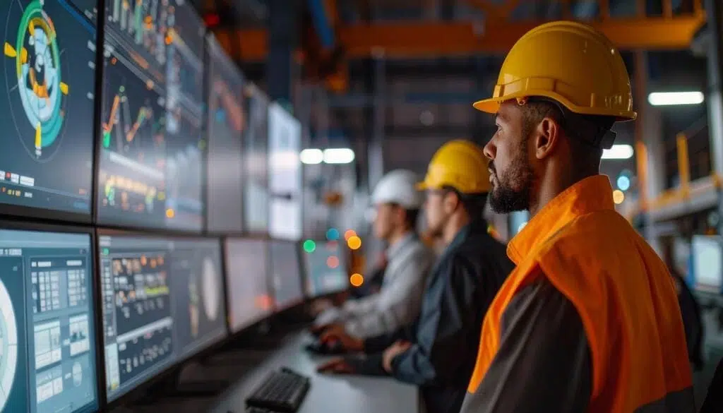 Engineers in safety gear monitor multiple digital dashboards in a high-tech industrial control room.