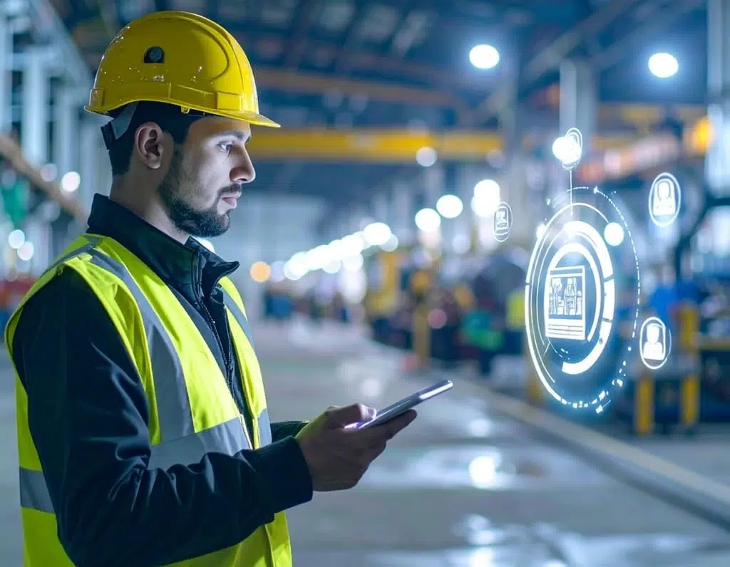 construction worker in a remote area conducting a safety inspection on a tablet