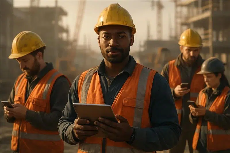 Construction crew reviewing safety software on devices representing real-world tech adoption challenges and teamwork.