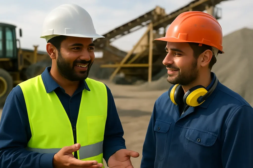 Two workers discussing site activities, reflecting the role of digital audits in encouraging accountability.