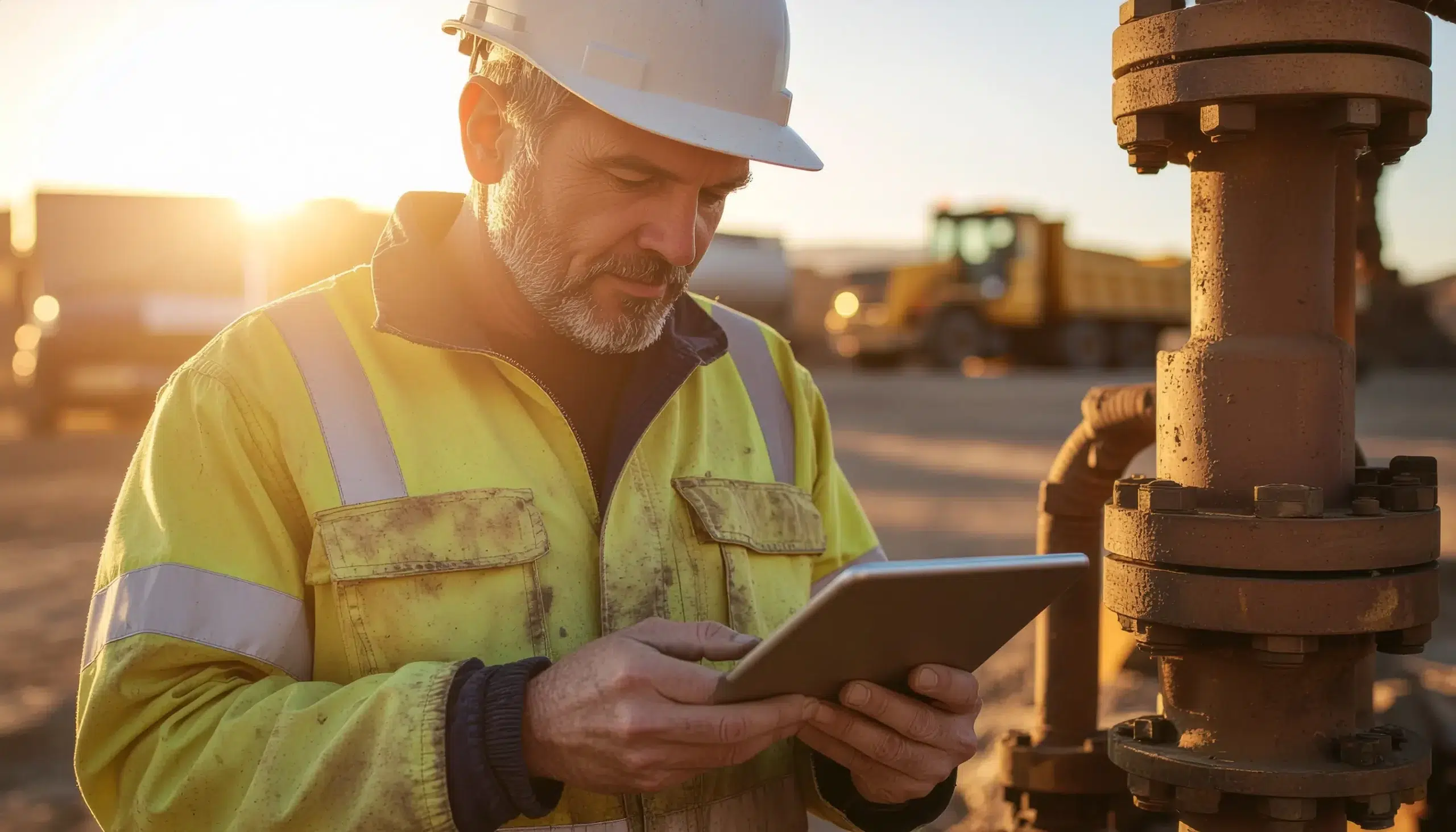 Field worker reviewing a mobile FLHA tech form on a tablet with heavy equipment in the background. 