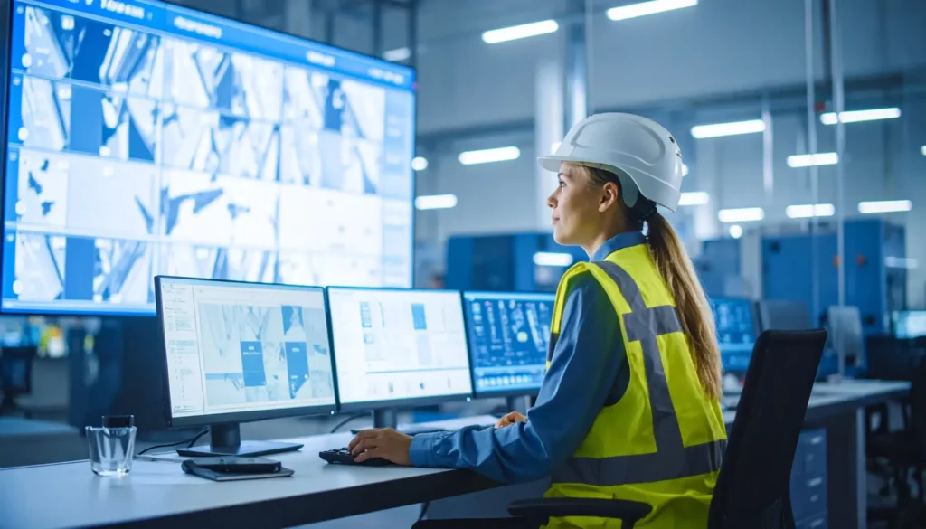 Health and safety professional using digital systems to review mobile FLHA tech reports in a centralized monitoring facility.