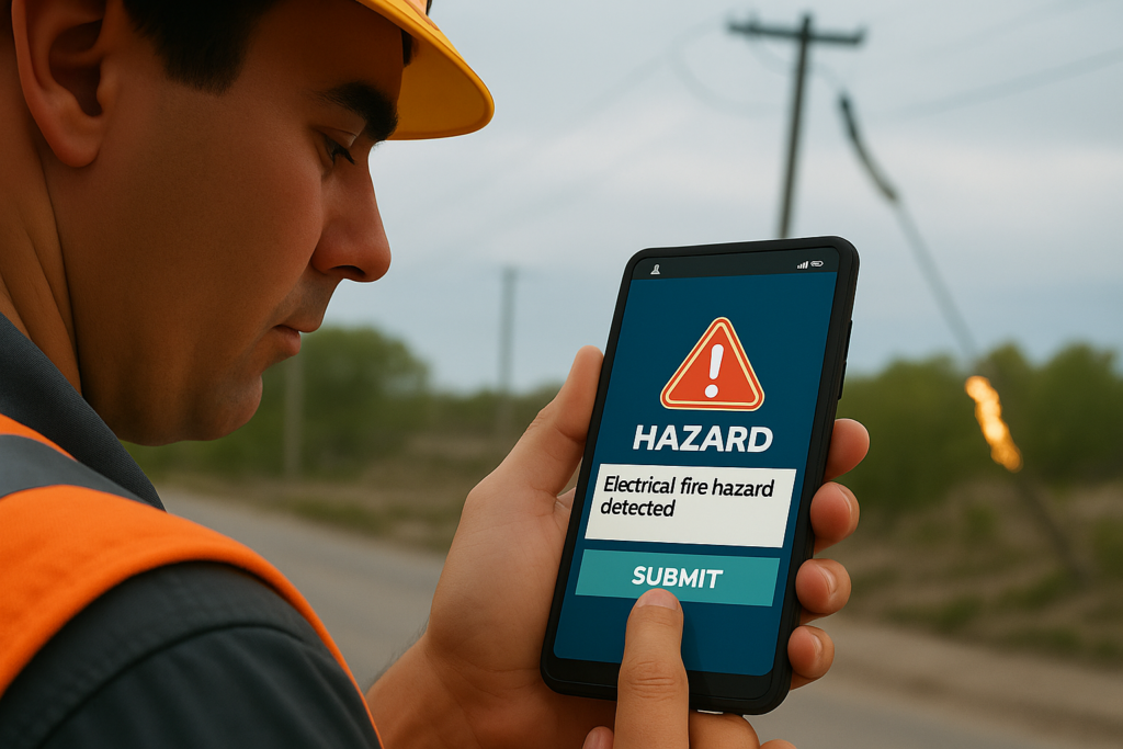 Worker using mobile app to report detected electrical line hazard at construction site.