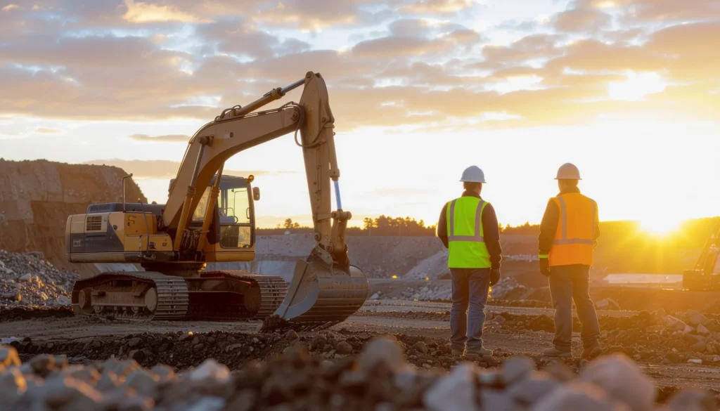 Crew supervising excavator work during evening hours on a high-risk site.
