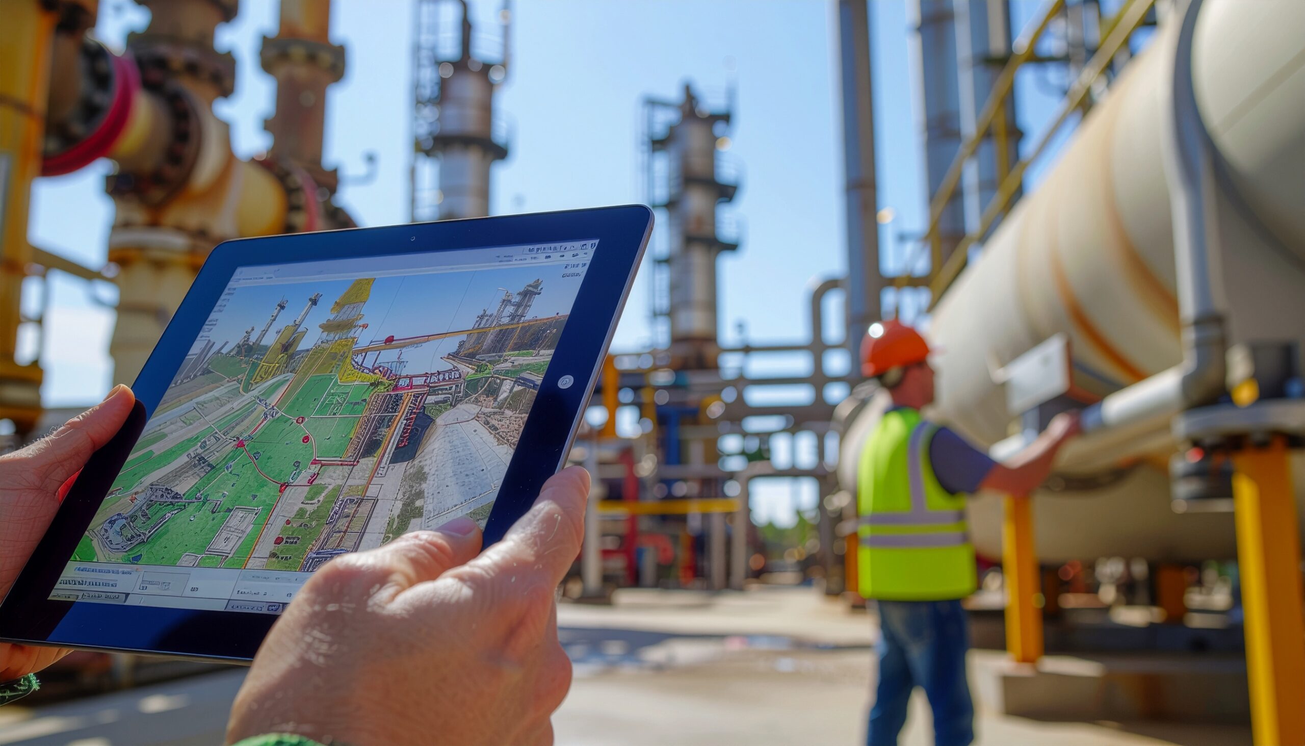 Engineer using a tablet with a site map application while another worker inspects industrial equipment.