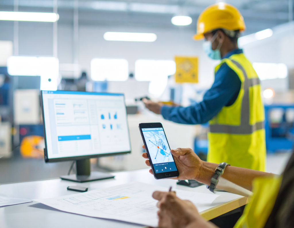 Industrial team using real-time reporting tools to track and manage safety risks through mobile and desktop systems.
