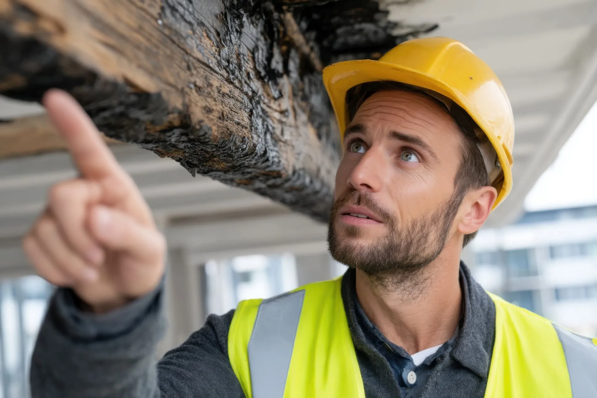 Construction supervisor pointing at visible mould risks during inspection.