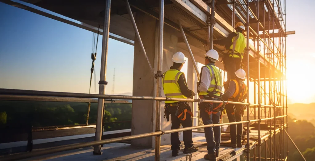 Crew assembling scaffolding structure while maintaining fall protection.