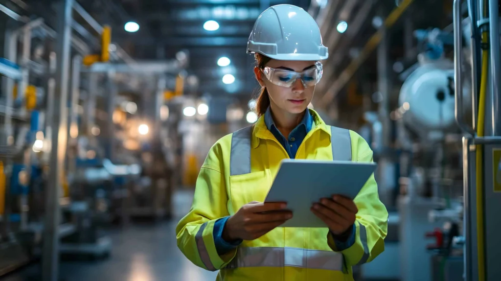Site supervisor conducting digital hazard documentation in the field.