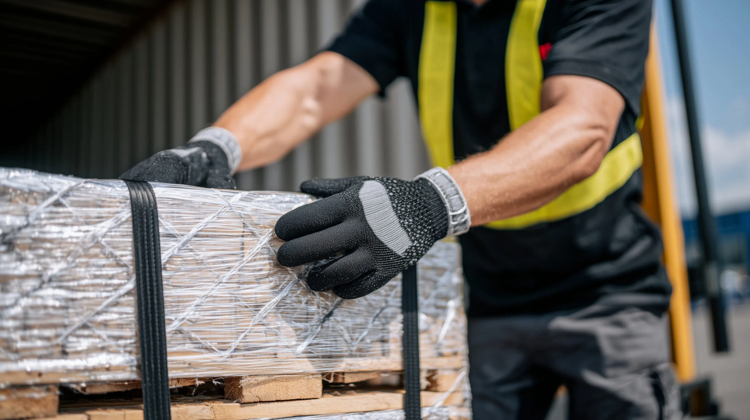 Flatbed lumber load with rated web straps; employee verifying angles and tension for cargo securement compliance.