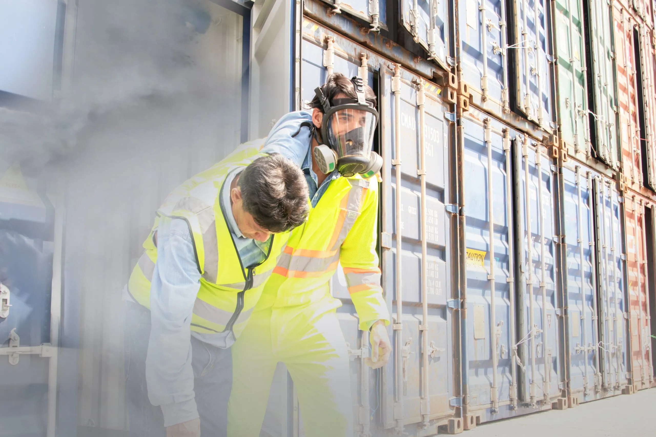 Worker wearing a safety mask and hard hat to protect against hazardous workplace gases.