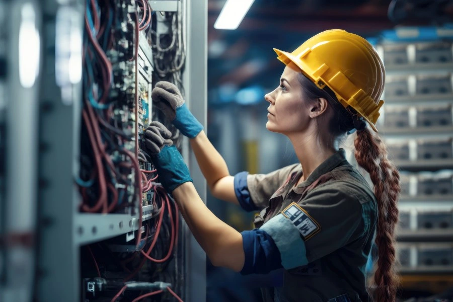 A professional electrician installing a electric switchboard safely. 