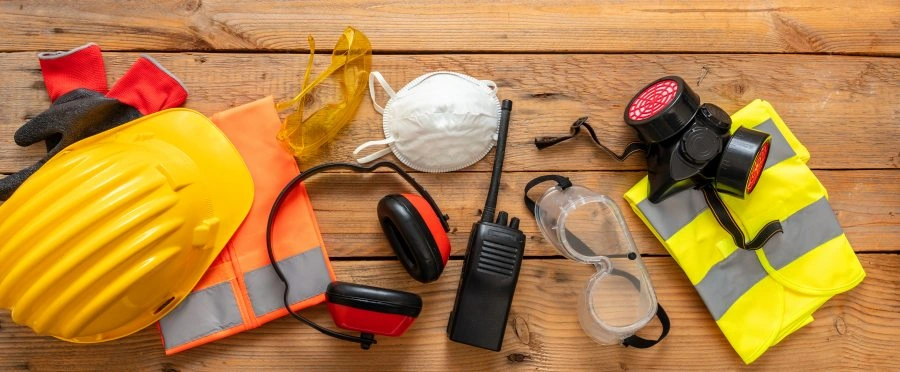 Work health and safety, Labor personal protective gear. Industry and construction site protection equipment on wooden background, 