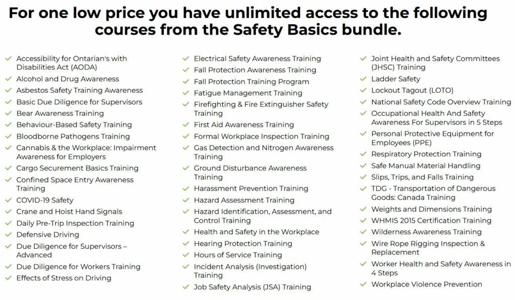 A picture of all the 50 courses safety basics includes.