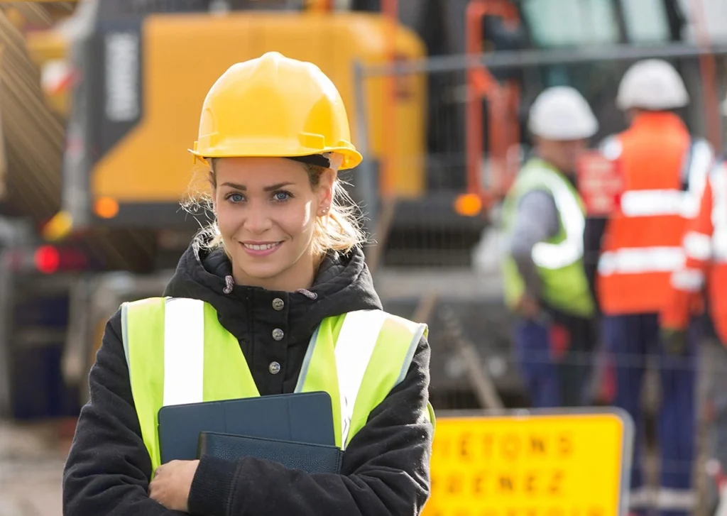 panoramic view of young female architect with construction team